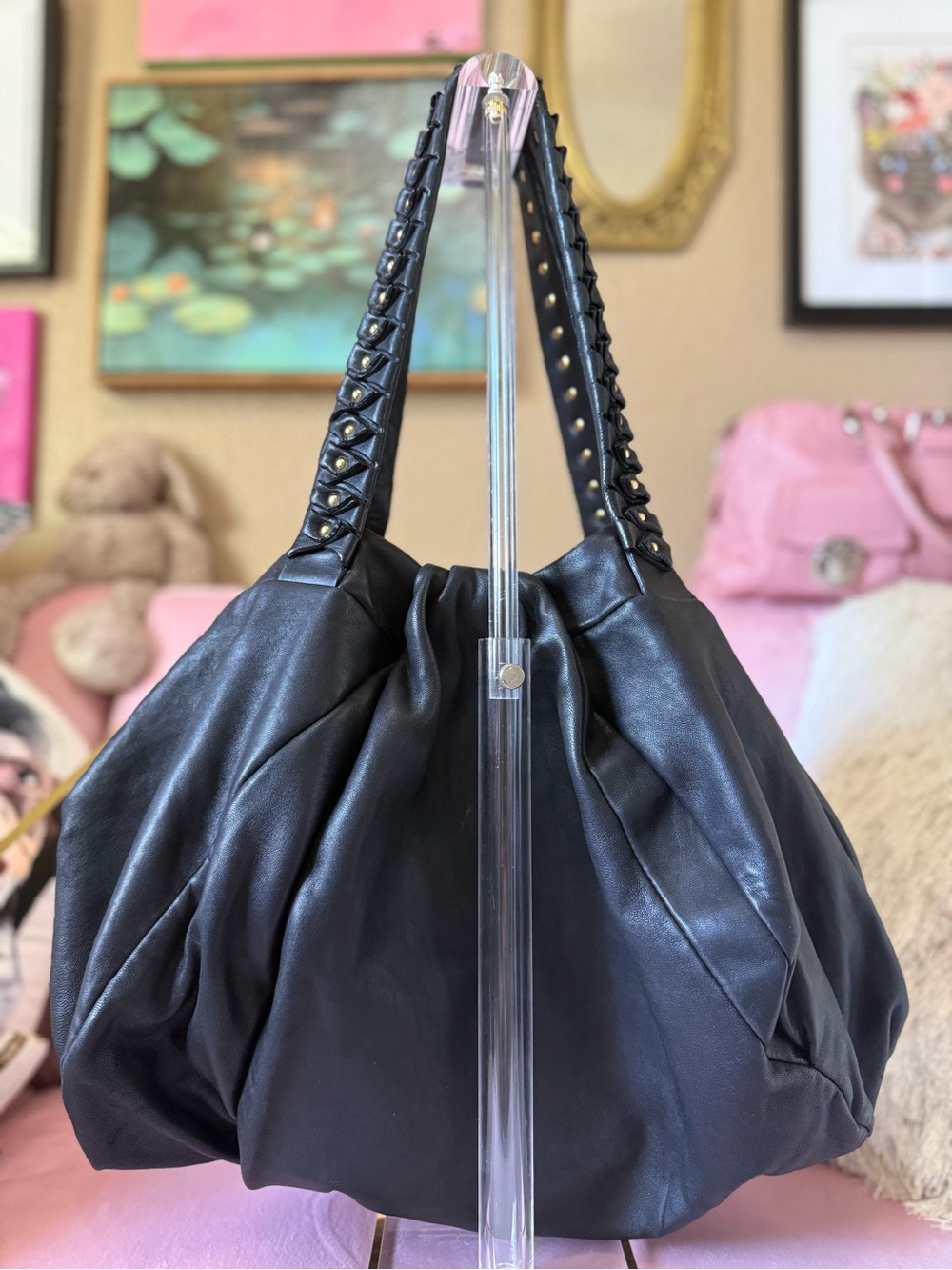 Authentic Diane Von Furstenburg SOFT Blk Leather Hobo Stud-Detail Origami Straps - Picture 3 of 16